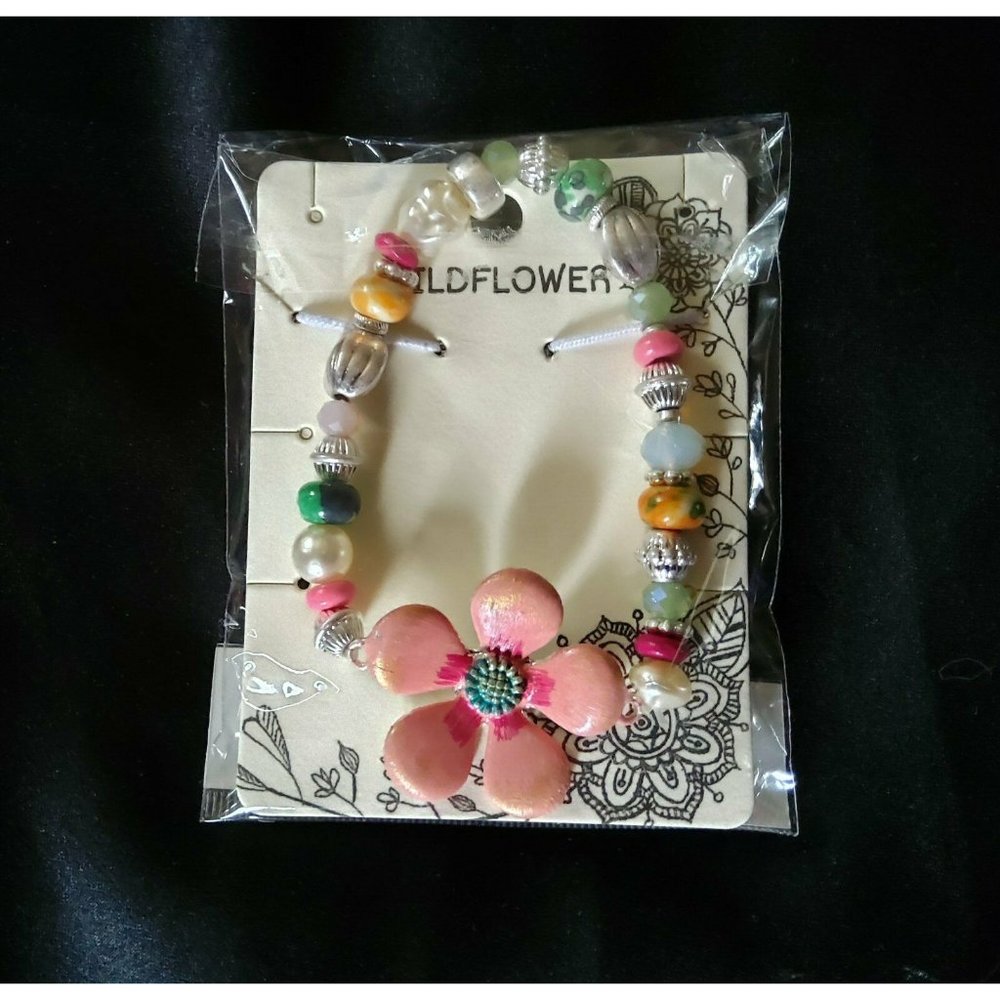 Pink Paint Flower multi Bead Charm Stretch Bracelet Fashion Jewelry